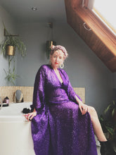 Load image into Gallery viewer, Purple Tinsel Lurex Maxi Party Kaftan Dress and Batwing Kimono

