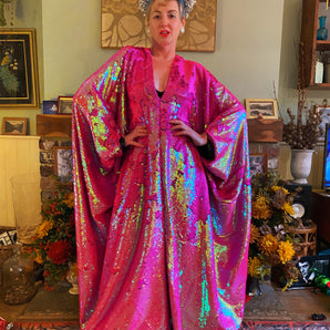 Heavily sequinned HOT pink iridescent shiny/matte Free size Kaftan Gown UK 6 - 26