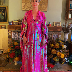 Heavily sequinned HOT pink iridescent shiny/matte Free size Kaftan Gown UK 6 - 26