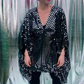 Disco Ball Black Velvet Silver mirror disc batwing kaftan mini dress - Studio 54