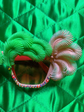 Load image into Gallery viewer, Dame Edna Yellow and lime feather and pink tinted sunglasses
