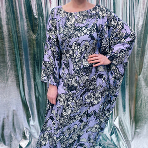 Romantic Floral Lilac, black and white floaty kaftan dress