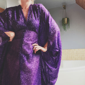 Purple Tinsel Lurex Maxi Party Kaftan Dress and Batwing Kimono