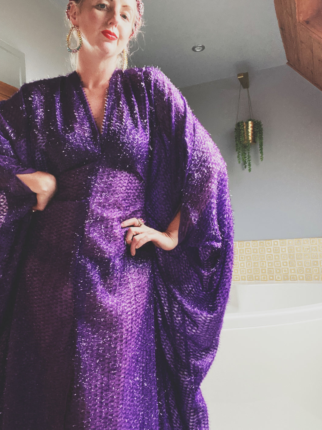 Purple Tinsel Lurex Maxi Party Kaftan Dress and Batwing Kimono