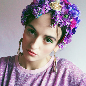 Vintage flowerbud skullcap purple headpiece bonnet