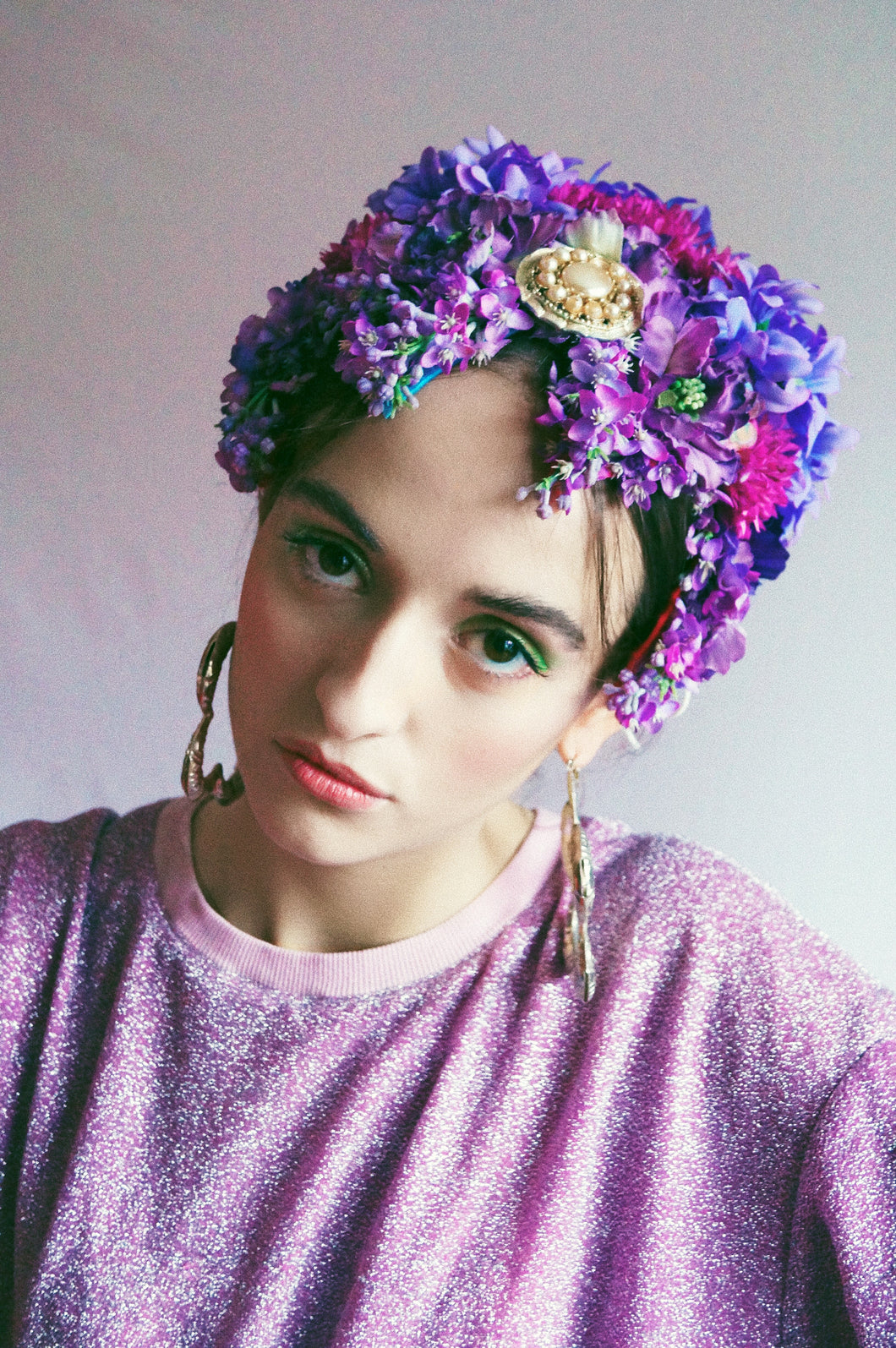 Vintage flowerbud skullcap purple headpiece bonnet
