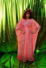 Load image into Gallery viewer, Pale Pink Sheer lurex kaftan dress with frilly trim
