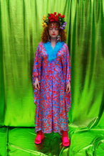 Load image into Gallery viewer, Groovy Chic Psychedelic holographic pink and blue Marabou trim kaftan Gown
