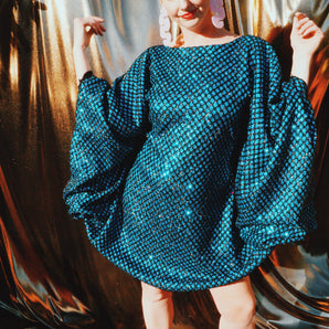 Glitter Blue and Black Lurex Mini Kaftan Dress