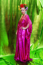 Load image into Gallery viewer, Cerise Holographic Sequin Mesh High neck Kaftan Gown
