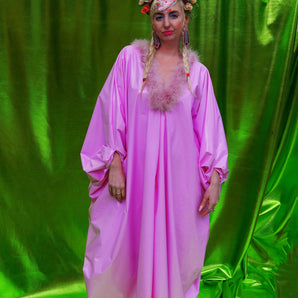 Baby Pink Marabou Trim PVC kaftan Dress