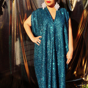 Glitter Blue and Black Lurex Maxi Kaftan Gown/Dress