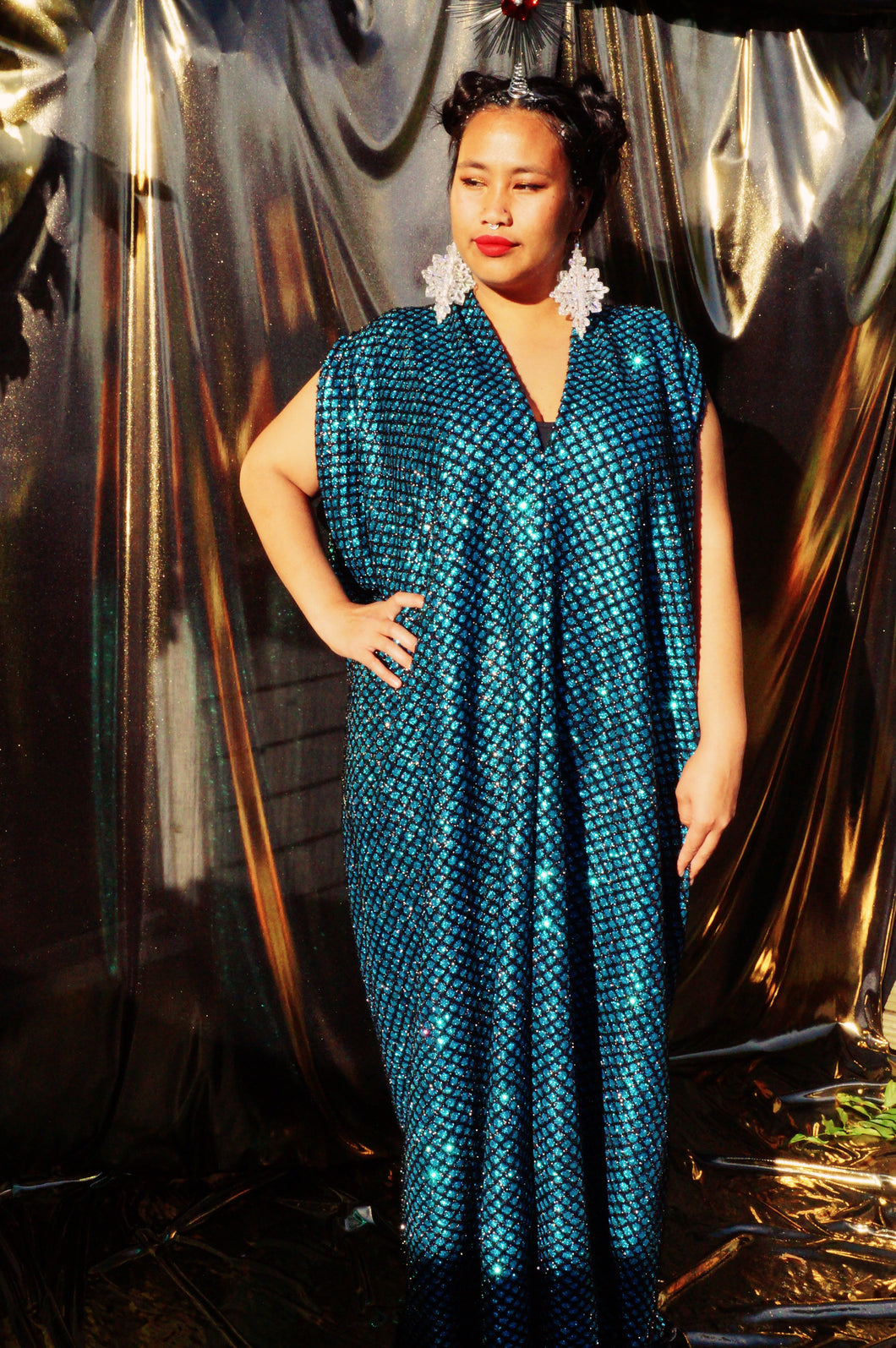 Glitter Blue and Black Lurex Maxi Kaftan Gown/Dress