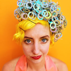 Blue iridescent sequin sprays headpiece.