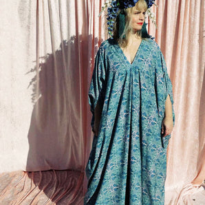Art Nouveau Green and Blue Print Jersey Kaftan Dress