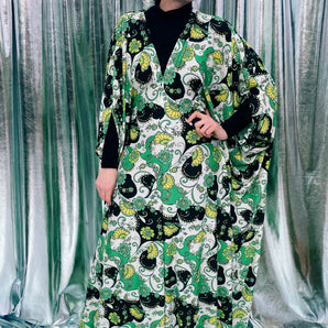 Paisley Print 70s era floral green and black Kaftan Dress