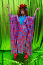 Load image into Gallery viewer, Groovy Chic Psychedelic holographic pink and blue Marabou trim kaftan Gown
