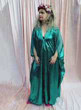 Load image into Gallery viewer, Aqua Sequin V-neck Mesh Shoulder Kaftan Gown
