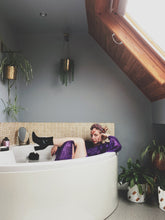 Load image into Gallery viewer, Purple Tinsel Lurex Maxi Party Kaftan Dress and Batwing Kimono
