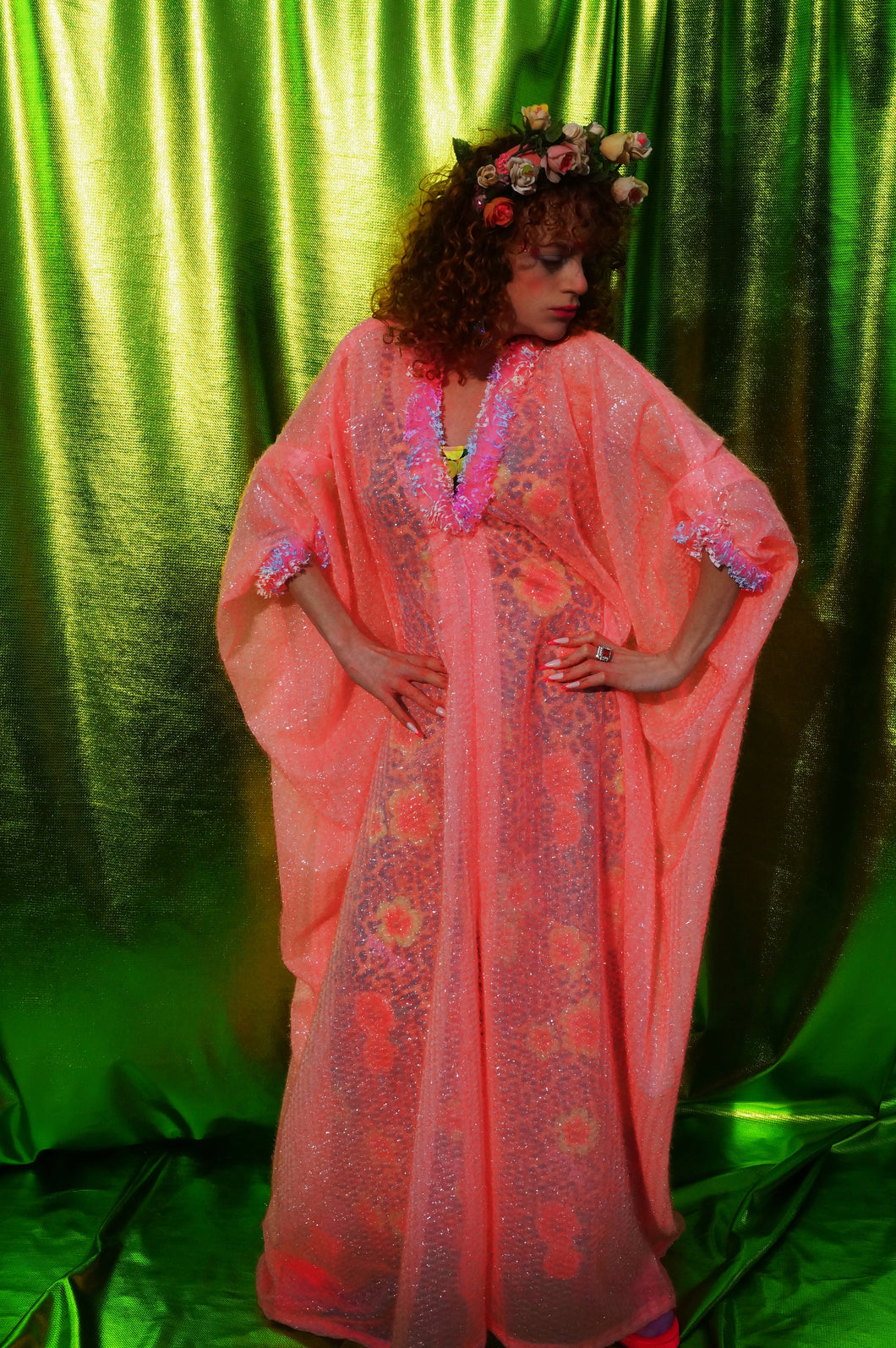 Pale Pink Sheer lurex kaftan dress with frilly trim