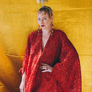 Metallic Tinsel Knit Kaftan Dress - RED
