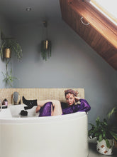 Load image into Gallery viewer, Purple Tinsel Lurex Maxi Party Kaftan Dress and Batwing Kimono

