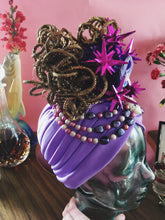 Load image into Gallery viewer, Bespoke Floral Vintage Hat / Turban - purple , gold, beaded
