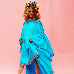 Electric blue tinsel trim 60s quilted Kaftan Dress Size 8 - 22 UK
