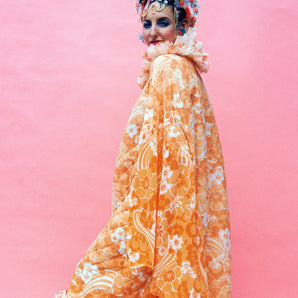 Orange / peach / white Patterned ruffled 60s quilted Kaftan Dress Size 8 - 22 UK