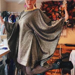 Holographic Patterned two tone Silver-Gold-Purple Glittered Mini Kaftan Dress