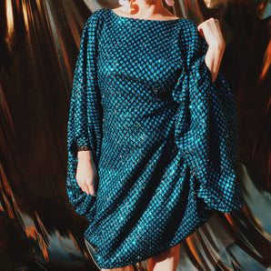 Glitter Blue and Black Lurex Mini Kaftan Dress