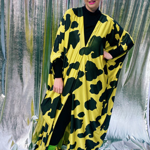 Slinky Yellow and Black Cow hide print Shimmer Kaftan Dress