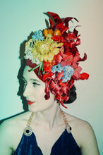 Load image into Gallery viewer, Red hat Headdress - Fascinator - Burlesque - FLOWERS - Vintage - floral headpiece -crown - velvet
