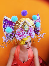 Load image into Gallery viewer, Giant Geisha Pom Pom Fan Headdress
