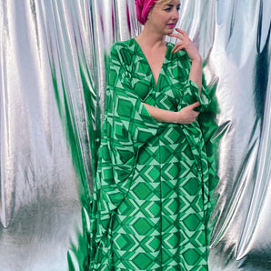 Geometric Print 70s era floral greens Vintage style Kaftan Dress
