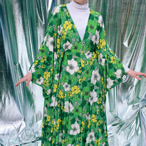 Spring Flower power floral Green and white Kaftan Gown