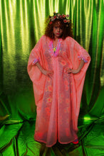 Load image into Gallery viewer, Pale Pink Sheer lurex kaftan dress with frilly trim
