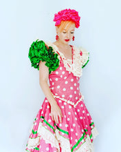Load image into Gallery viewer, VINTAGE CREAM ,PINK &amp; GREEN ORIGINAL LONG SPANISH FLAMENCO DANCE DRESS 12/14

