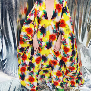 Psychedelic Acid trip neon yellow and orange print silky kaftan dress