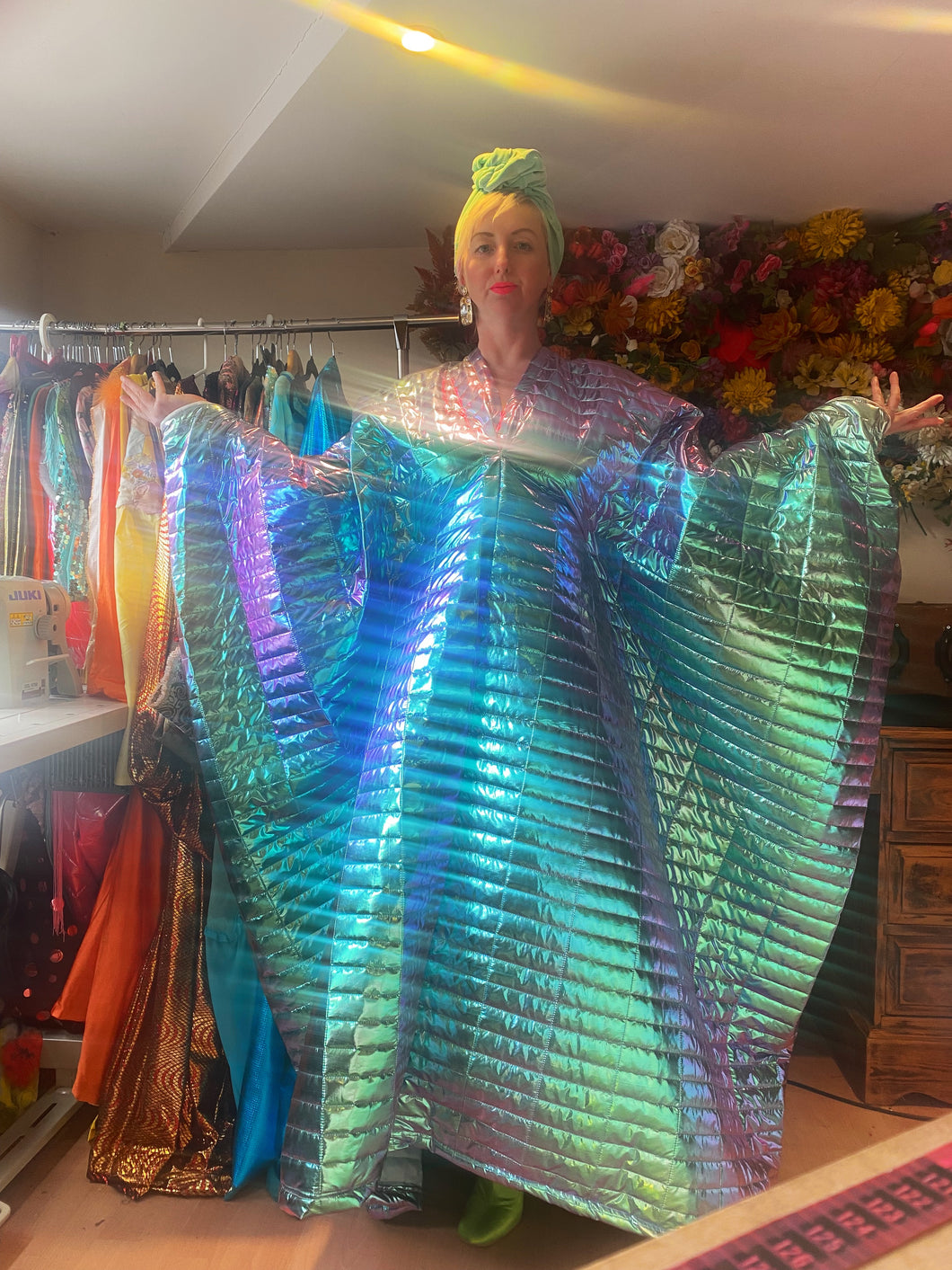 Metallic Holographic/ Pearlescent shimmer double sided quilted Kaftan Gown