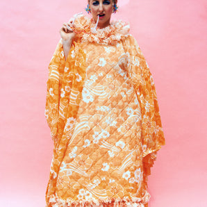 Orange / peach / white Patterned ruffled 60s quilted Kaftan Dress Size 8 - 22 UK