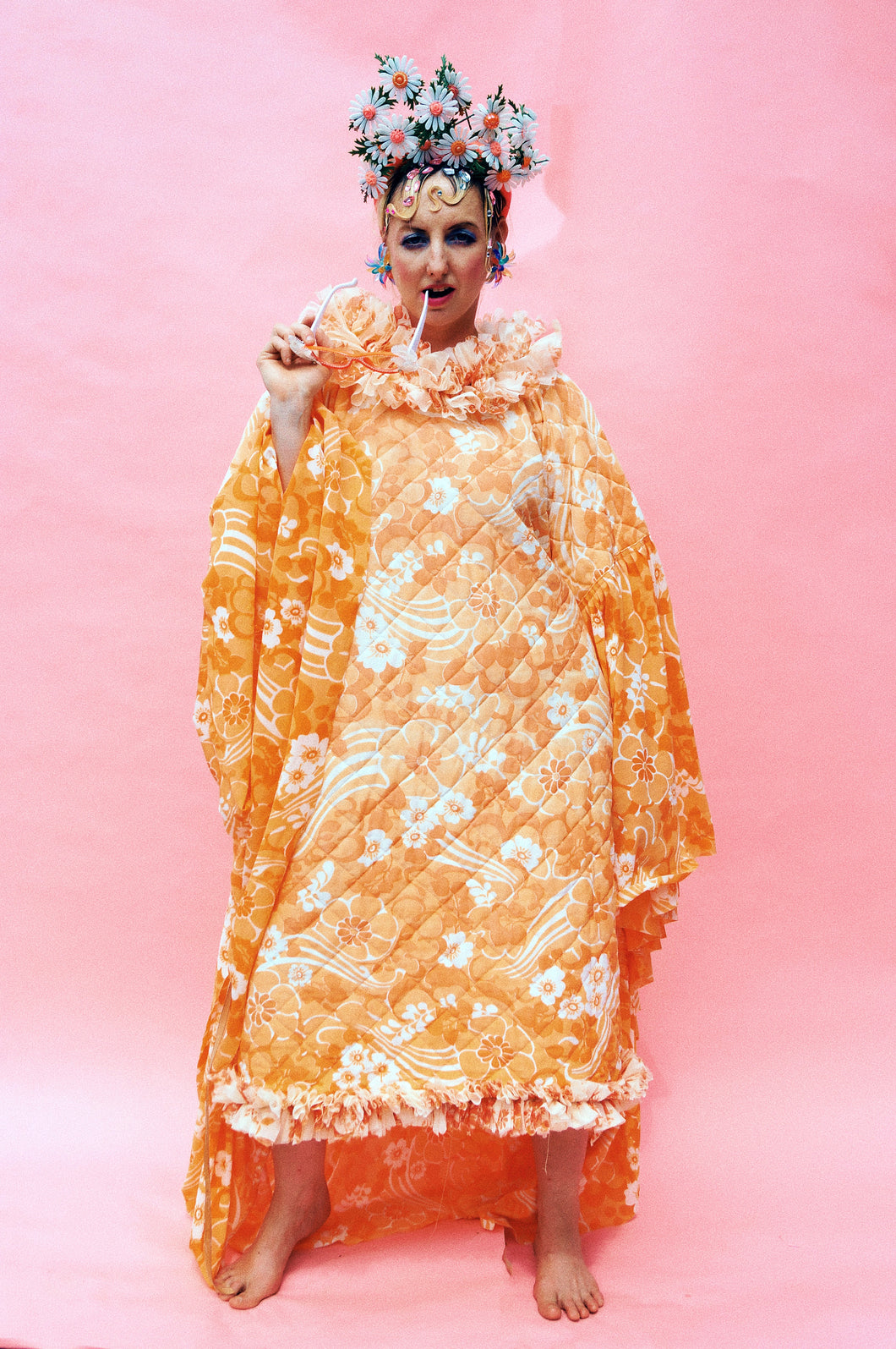 Orange / peach / white Patterned ruffled 60s quilted Kaftan Dress Size 8 - 22 UK