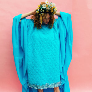 Electric blue tinsel trim 60s quilted Kaftan Dress Size 8 - 22 UK