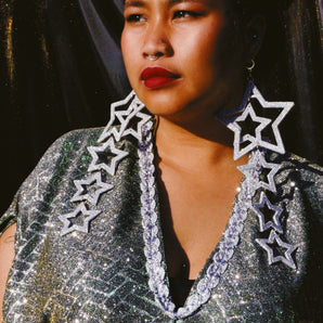 Giant Star Silver Glitter Dangle Earrings