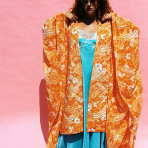 Orange / peach / white Patterned ruffled 60s quilted Housecoat Size 8 - 22 UK