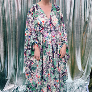 Divine Leafy green and purple Jungle print silky bejewelled kaftan dress