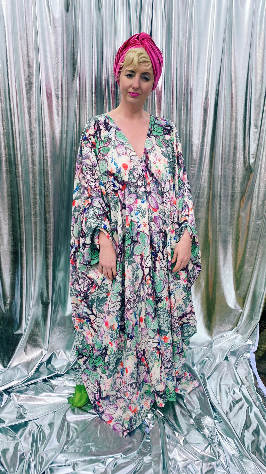 Divine Leafy green and purple Jungle print silky bejewelled kaftan dress