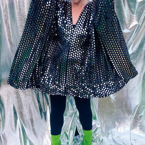 Disco Ball Black Velvet Silver mirror disc batwing kaftan mini dress - Studio 54