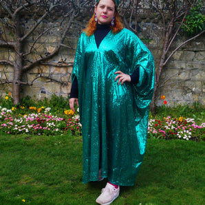 Teal Green Silver Sequin Kaftan Dress