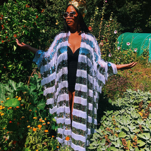 Sequin Fringing Tassel Robe in Silver and White